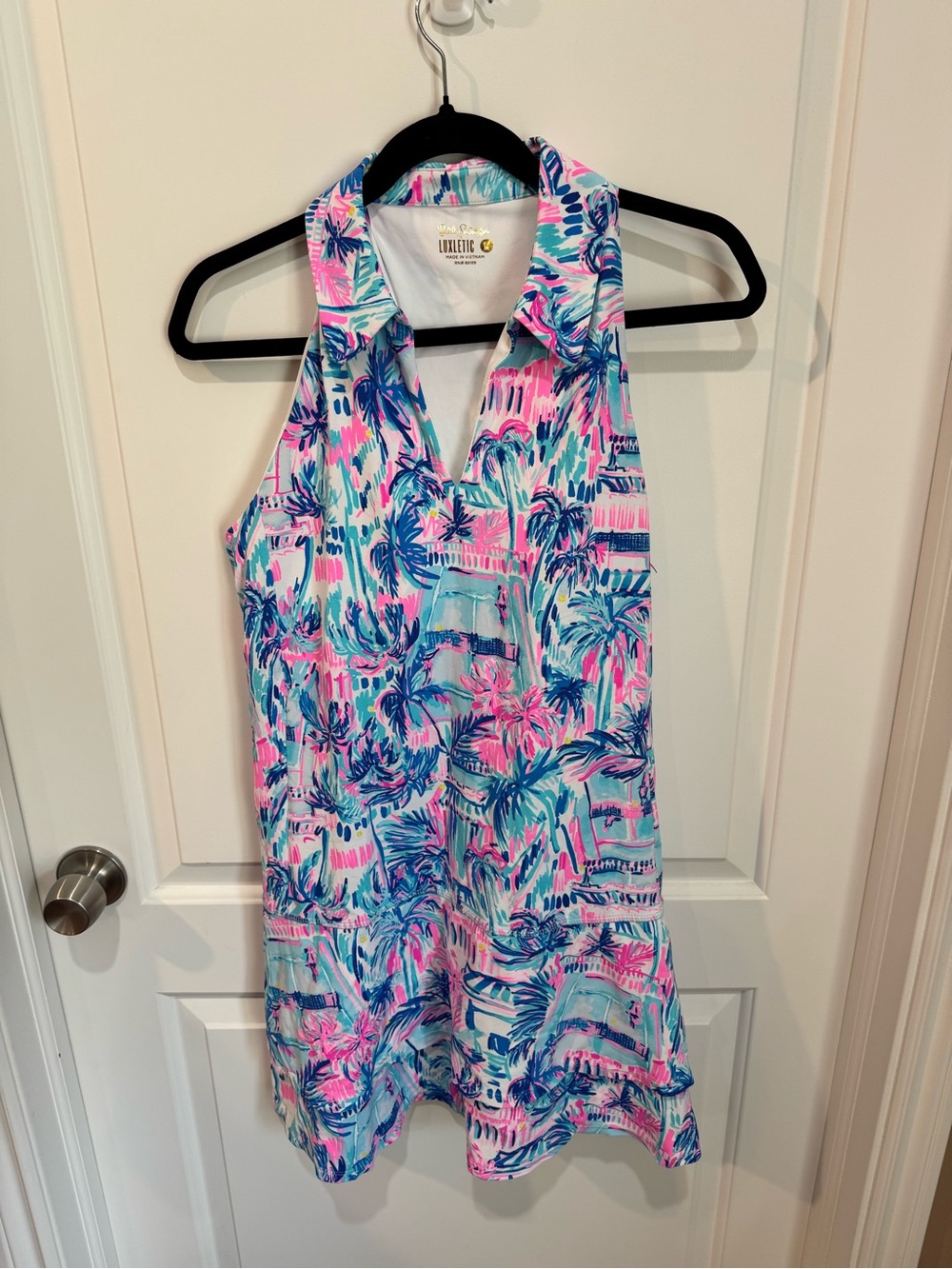 Lilly Pulitzer Luxletic Sleeveless Polo Dress in Turquoise, Pink & White